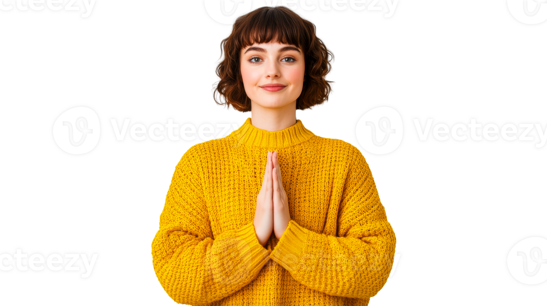 Woman in a yellow sweater with hands in prayer position, cut out transparent png