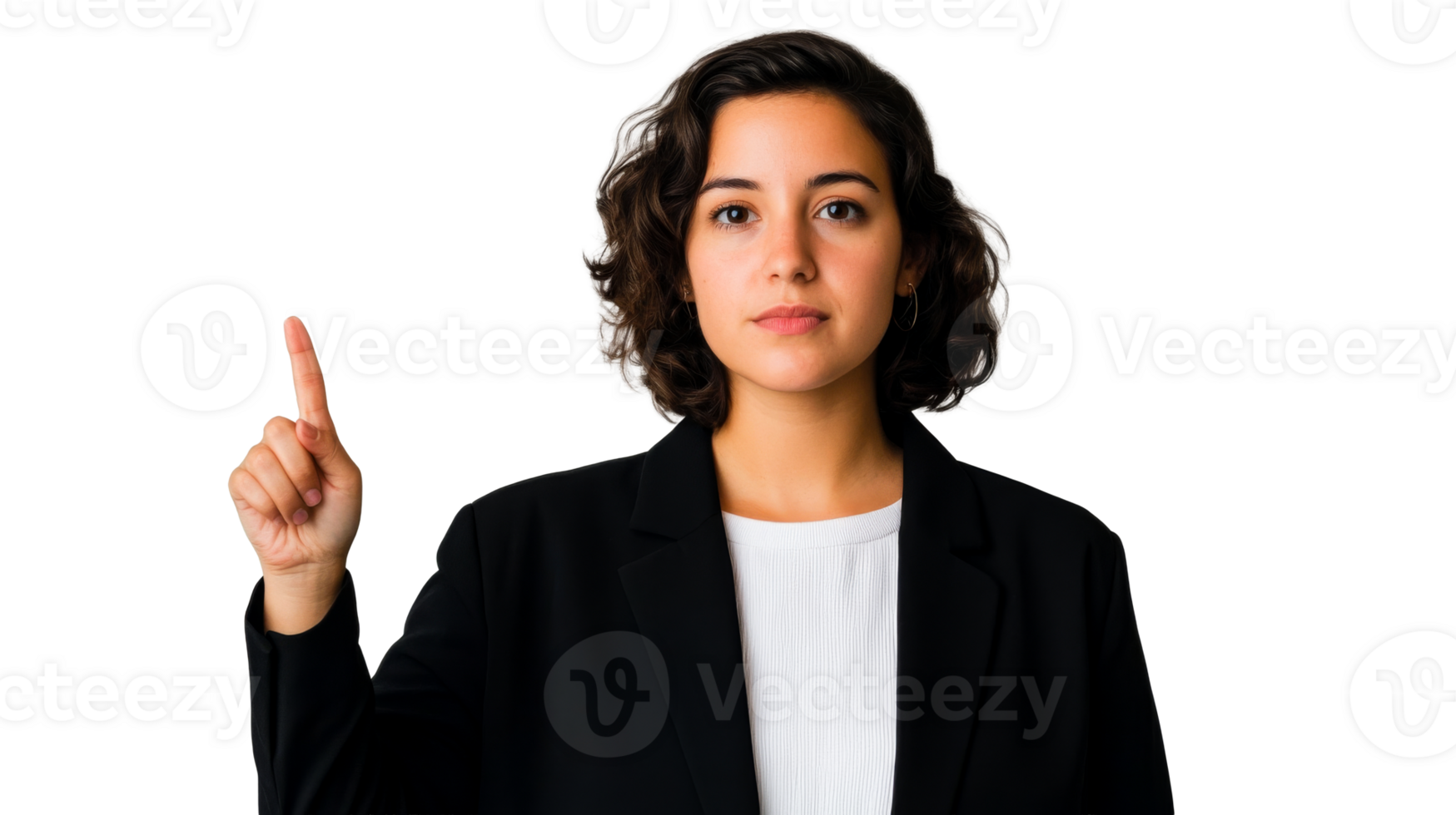 Young businesswoman points finger up, gesture, serious face, cut out transparent png