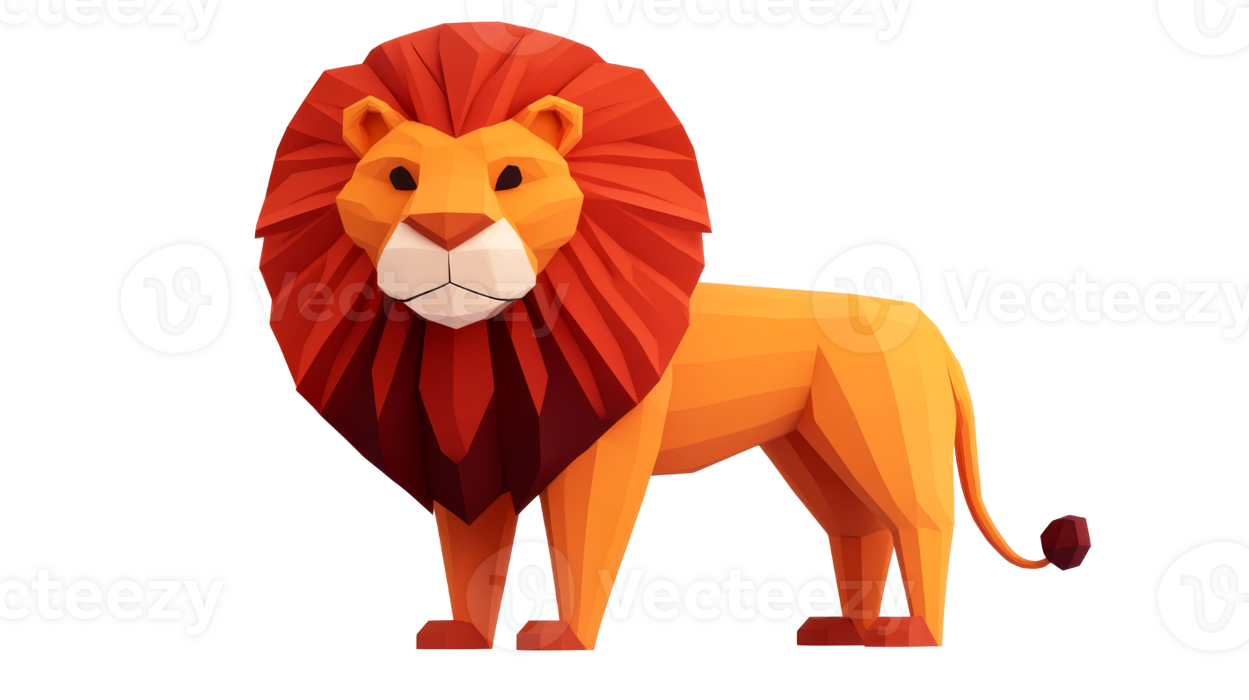 Low Poly Lion Illustration with Orange and Red Fur, cut out transparent png