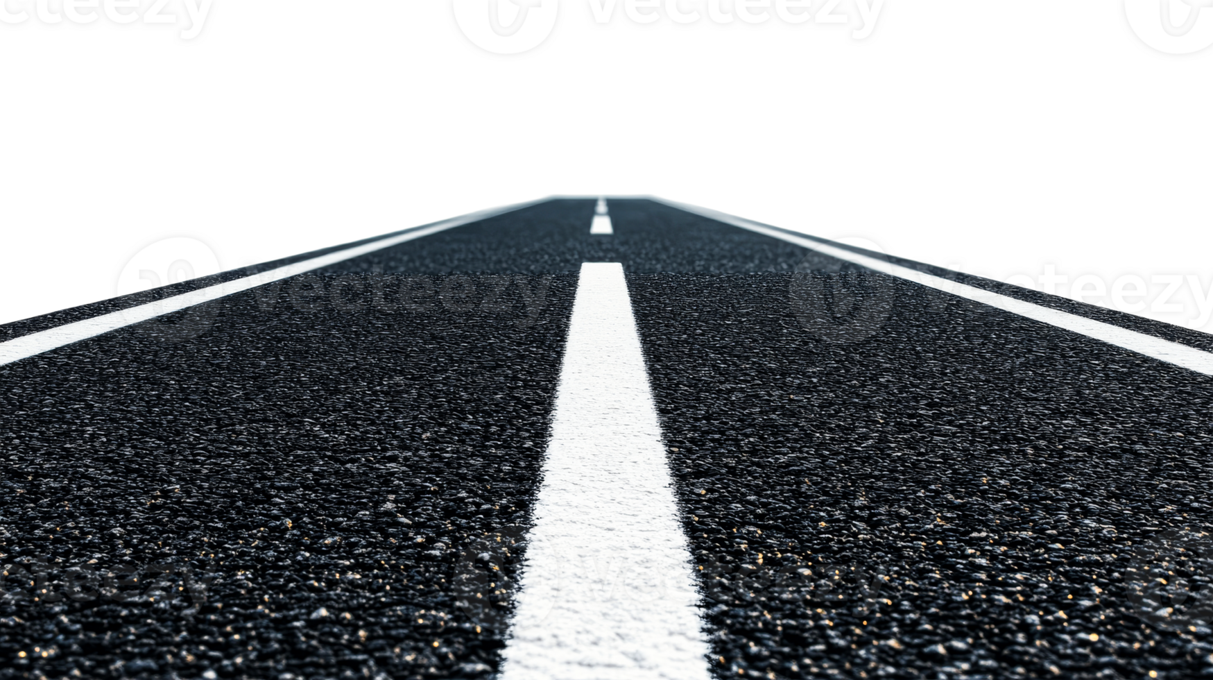 Asphalt road with white markings and perspective, cut out transparent png