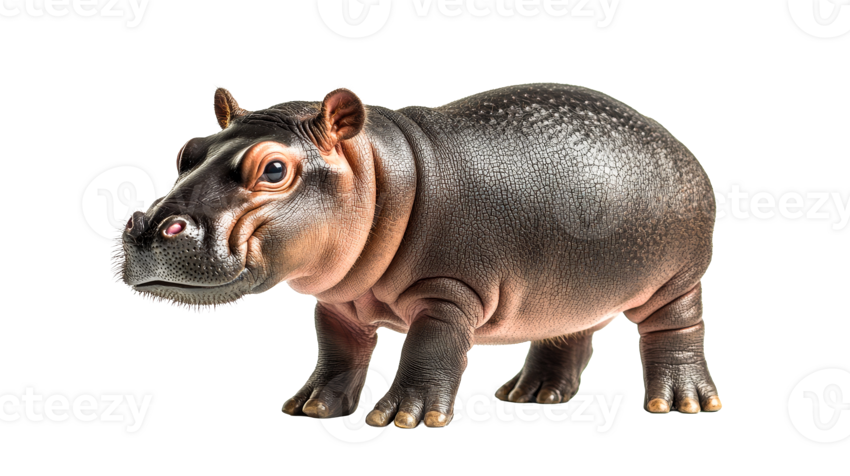 Hippopotamus calf stands looking alert, wildlife animal, cut out transparent png