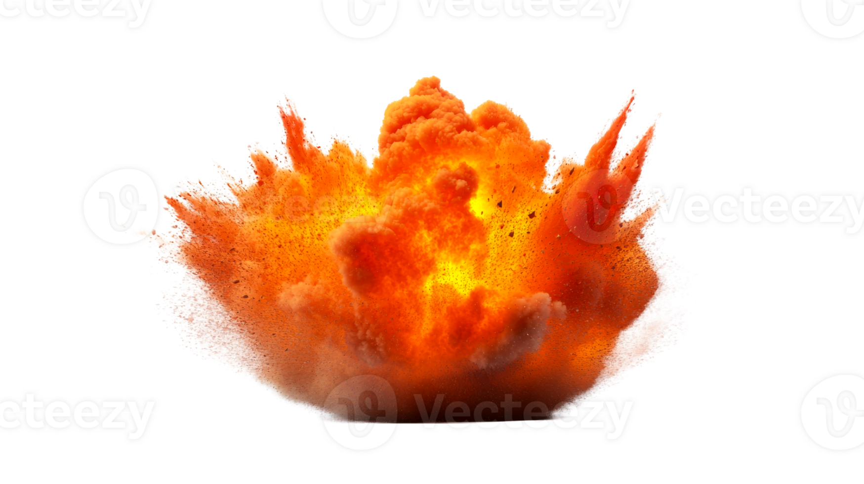 Orange explosion with debris, isolated on black background, cut out transparent png