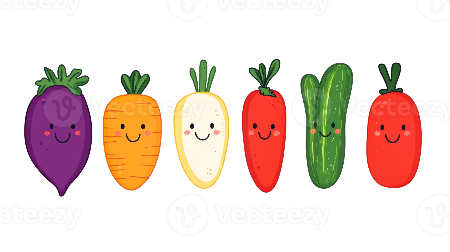 Vegetables with cute faces isolated on black background, cut out transparent png