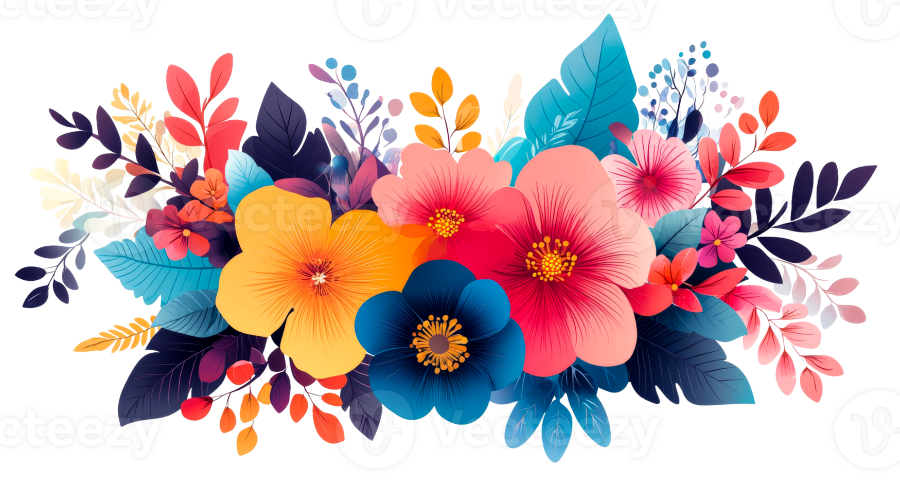 Floral bouquet illustration, colorful flowers and leaves design, cut out transparent png