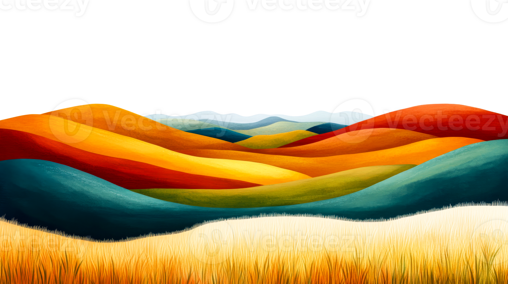 Abstract landscape of colorful hills, and fields, cut out transparent png