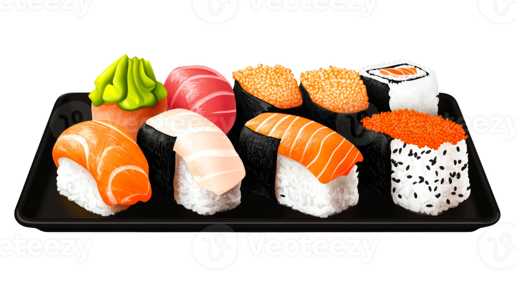 Sushi assortment on black tray, Japanese cuisine delicacy, cut out transparent png