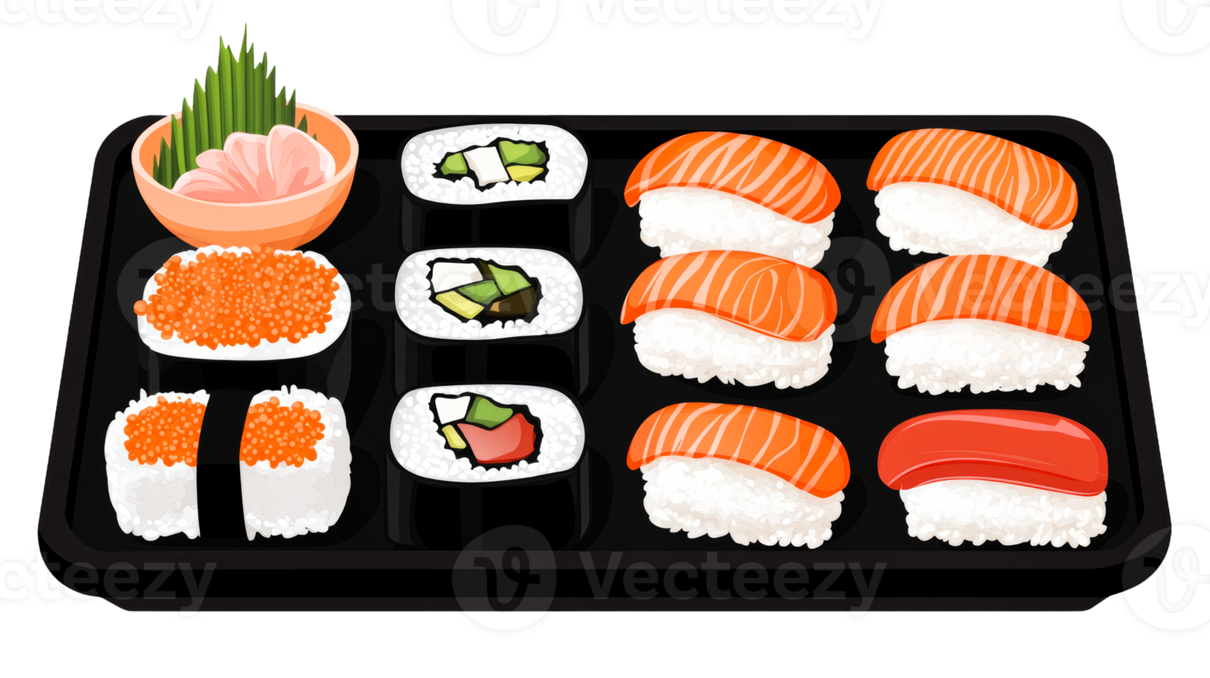 Assorted sushi platter with fish, roe, and avocado, cut out transparent png