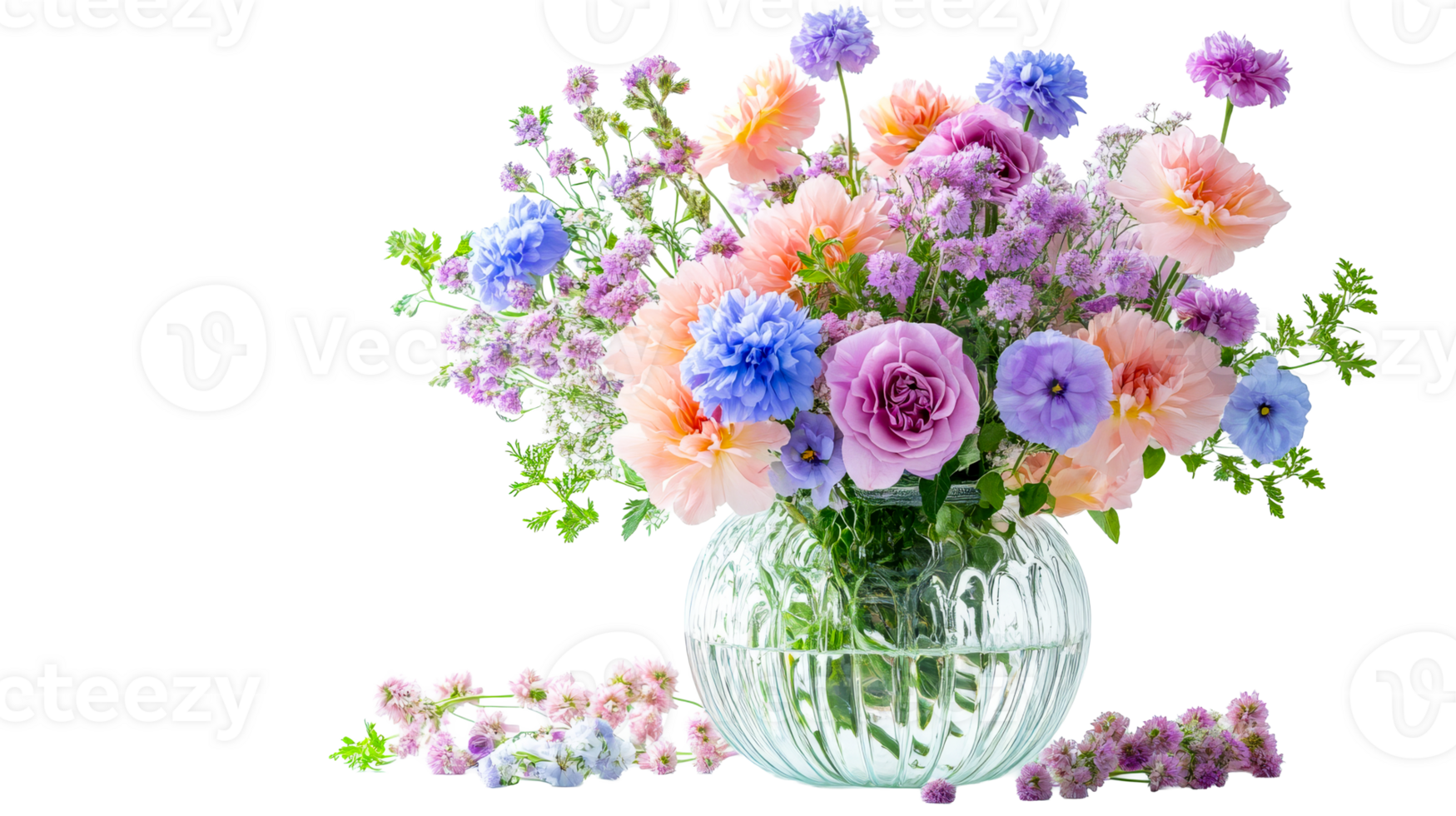 Floral arrangement with blue, peach, purple tones, cut out transparent png