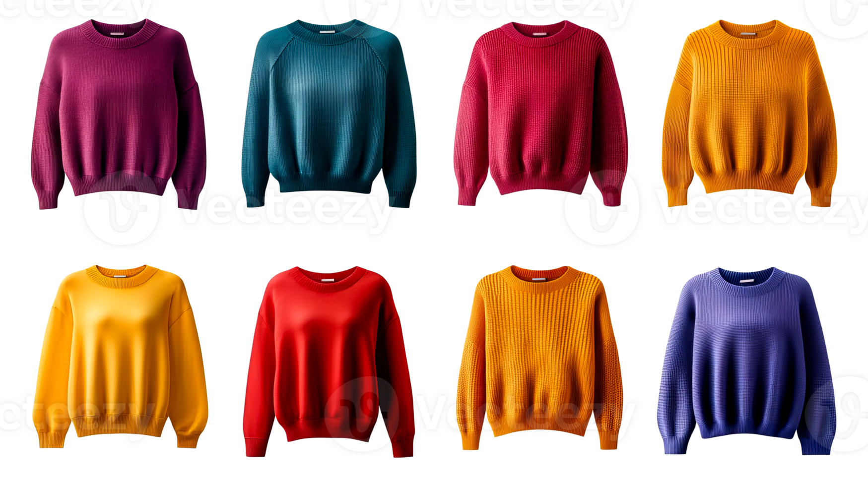 Assorted knitted sweaters on a black background for fashion apparel, cut out transparent png