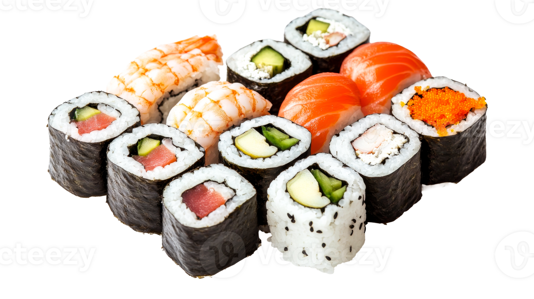 Varied sushi assortment with salmon and shrimp, cut out transparent png