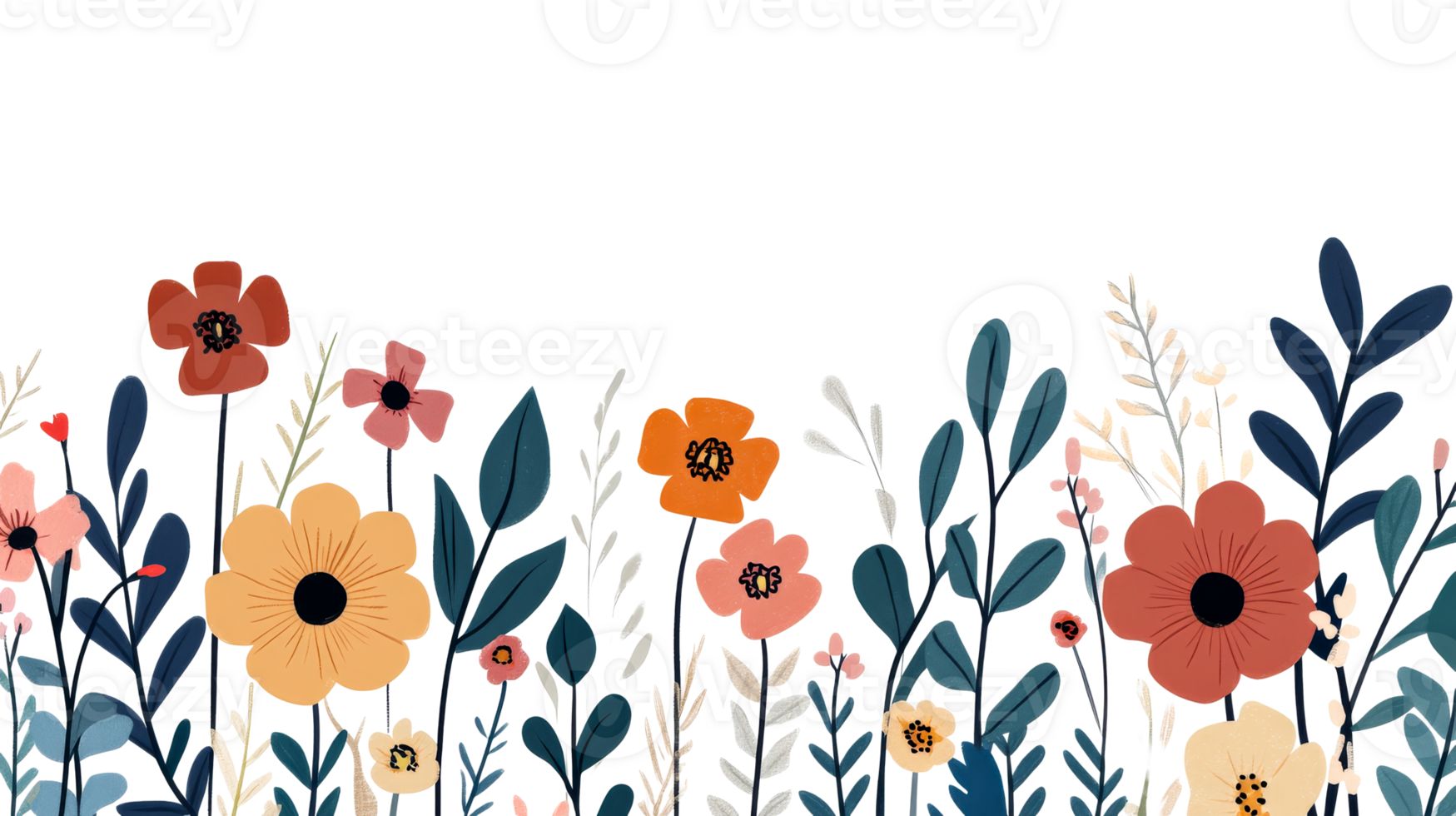 Whimsical Floral Border with Various Flowers and Foliage, cut out transparent png
