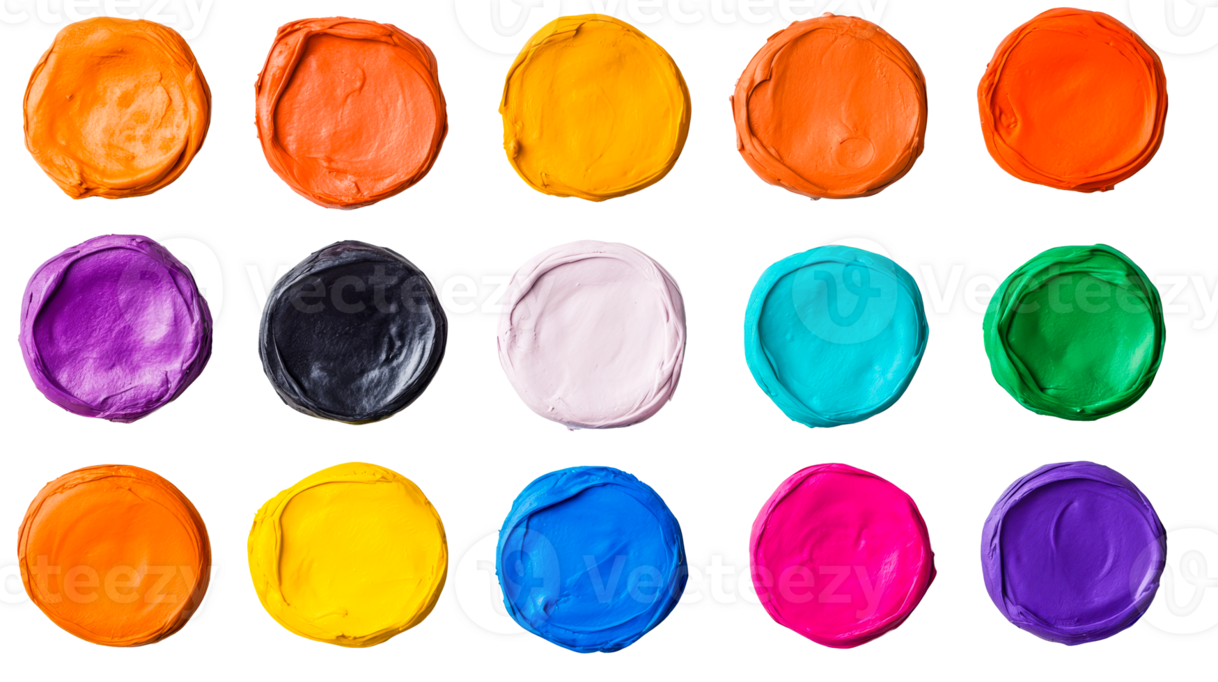 Fifteen vibrant colorful paint swatches, round shape isolated, cut out transparent png