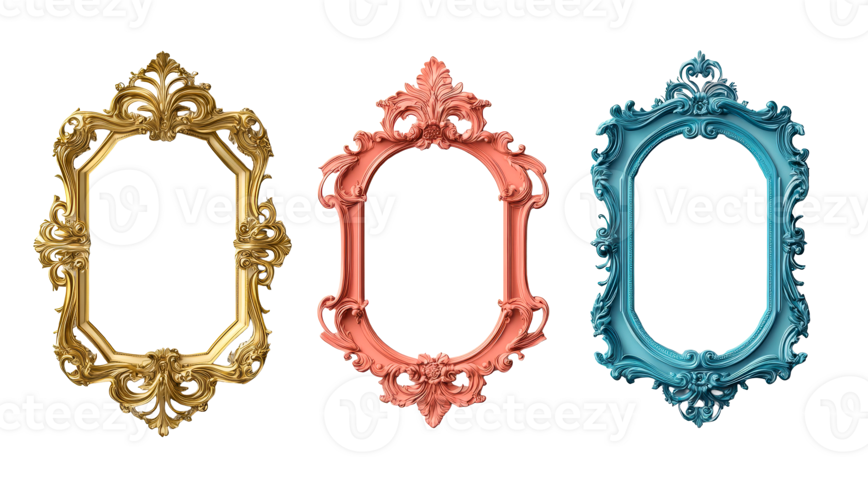Ornate frames collection in different colors, cut out transparent png