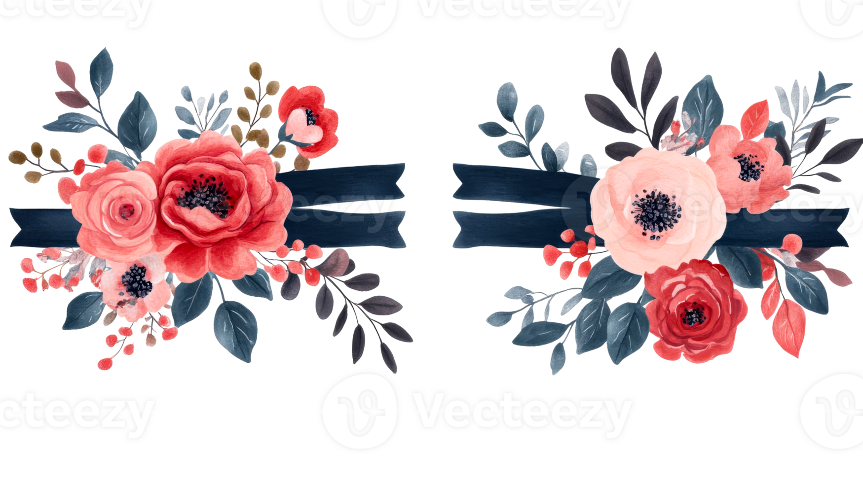 Two floral arrangements with ribbon, watercolor style, isolated, cut out transparent png