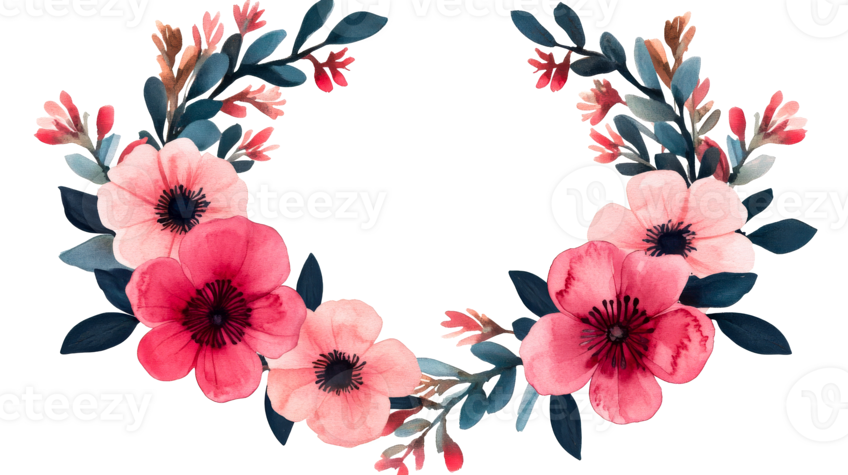 Floral wreath with pink flowers and blue leaves watercolor, cut out transparent png