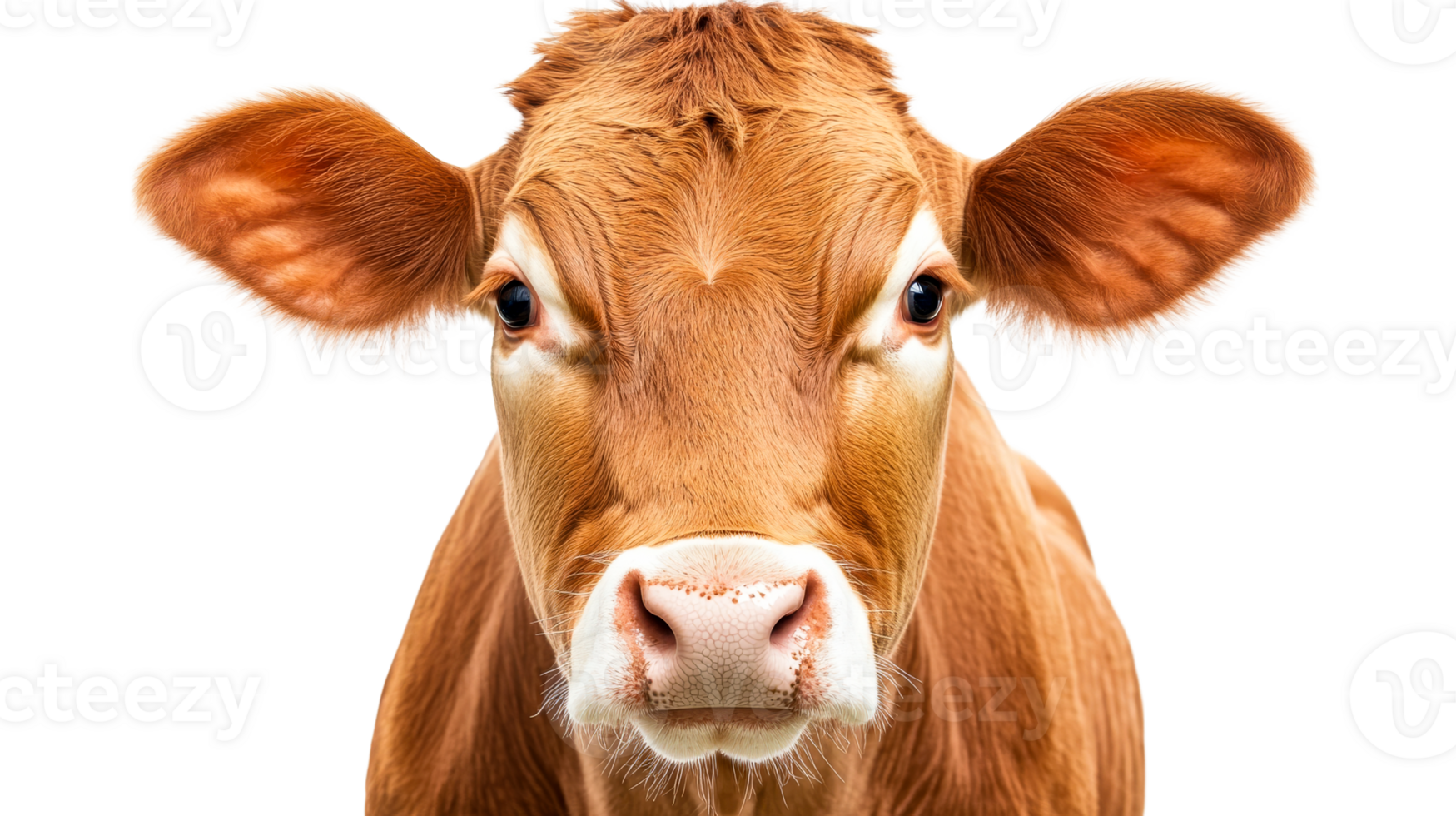 Brown cow portrait on transparent background, animal head shot, cut out transparent png