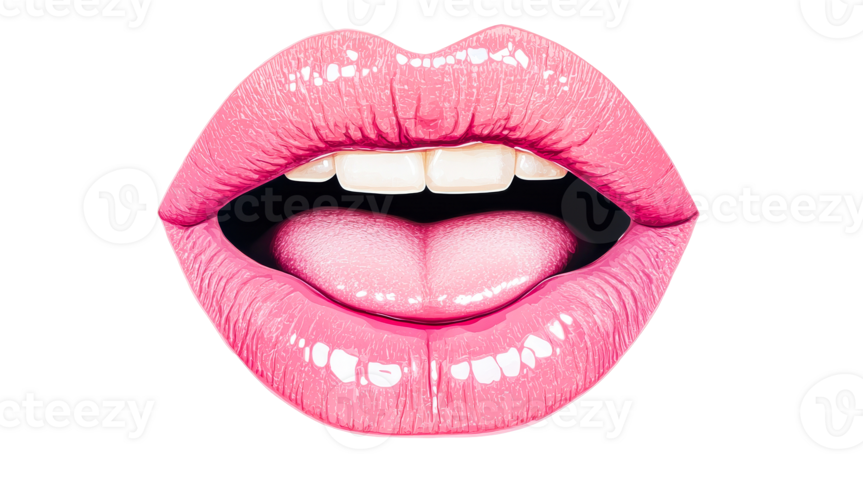 Open pink lips with teeth and tongue illustration, cut out transparent png