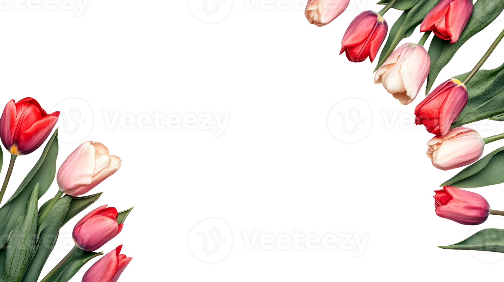 Frame of red and pink tulips on black background, cut out transparent png