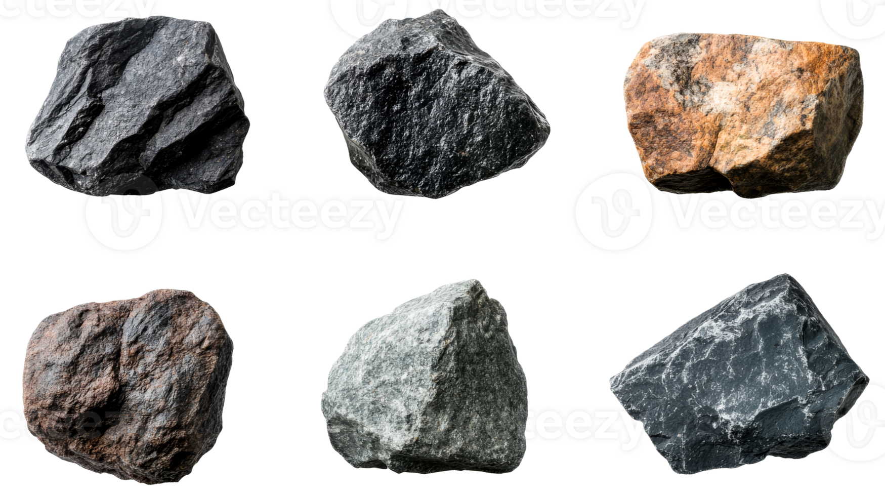 Collection of Rough Rocks and Stones on a Black Background, cut out transparent png