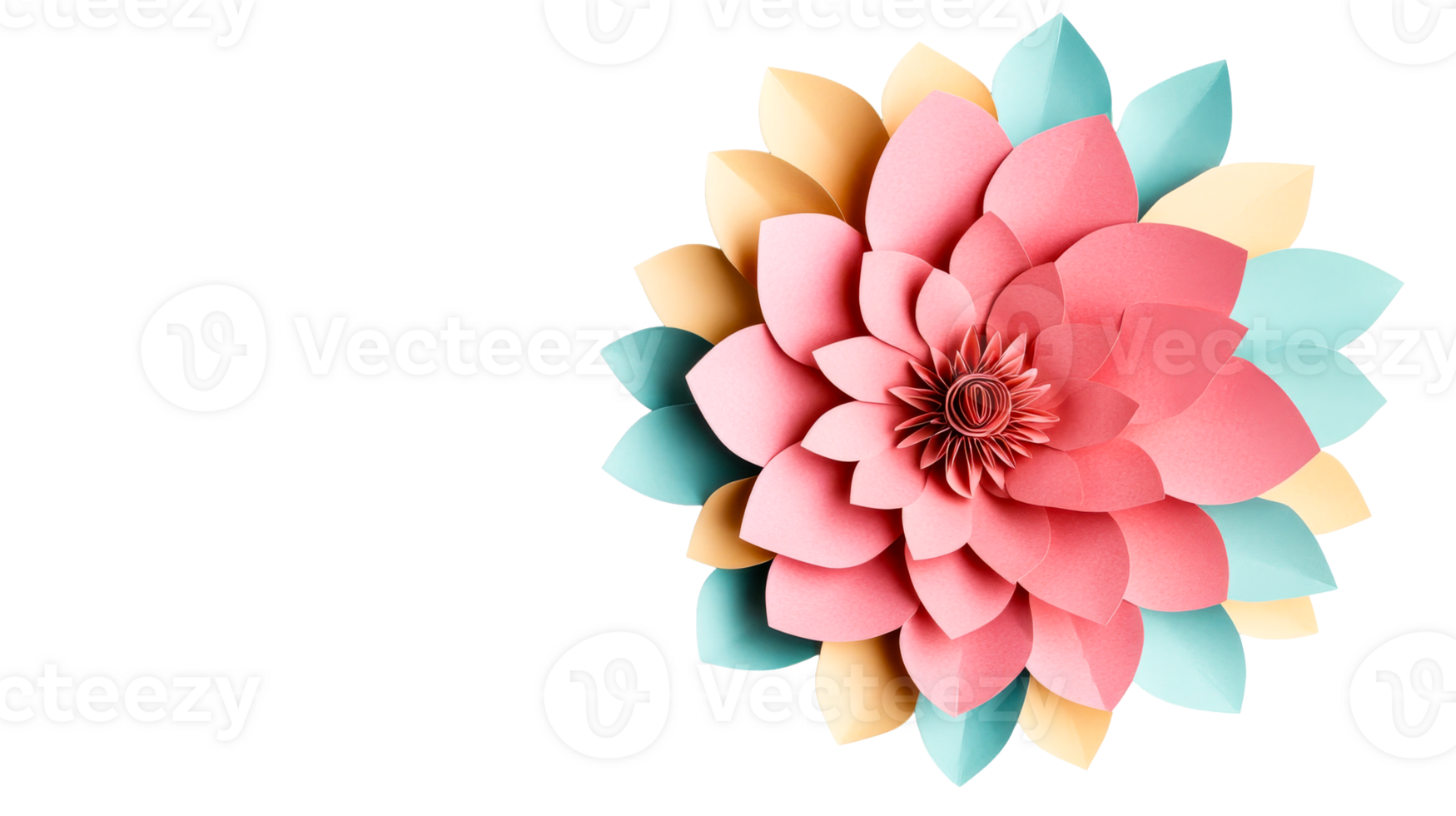 Paper flower with pink petals and turquoise-beige leaves, cut out transparent png