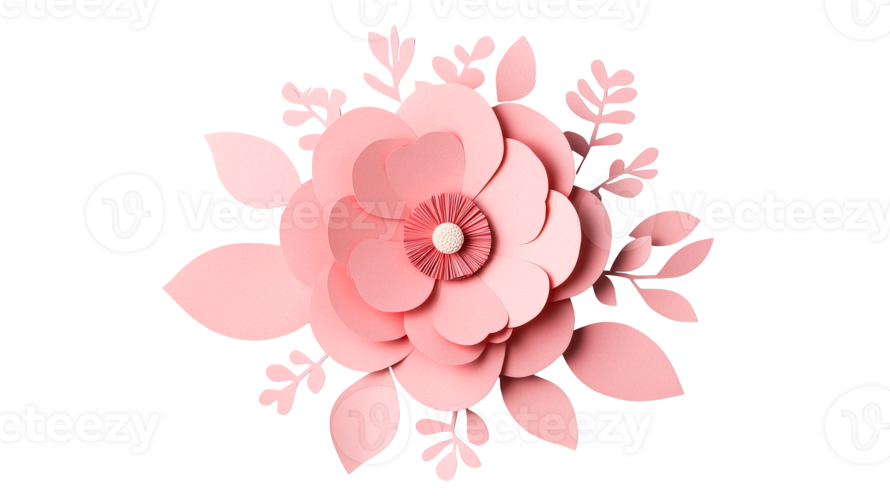 Paper flower blossom with leaves, pastel pink craft creation, cut out transparent png