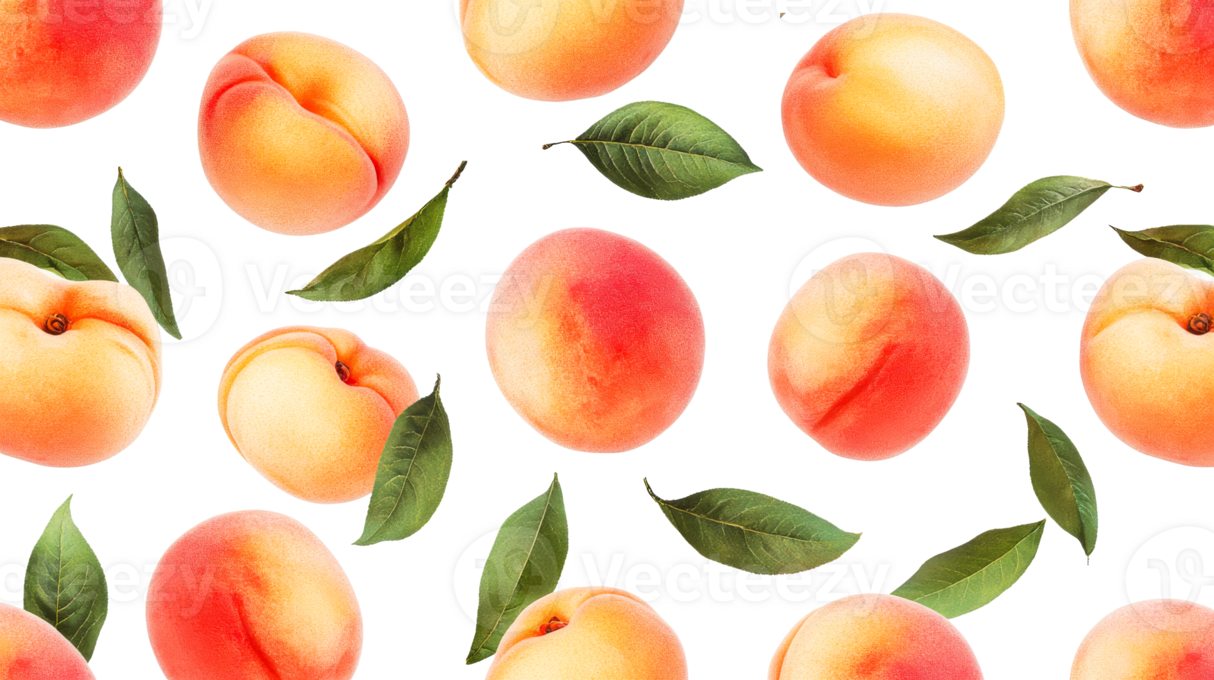 Peaches and leaves composition on a dark backdrop, cut out transparent png