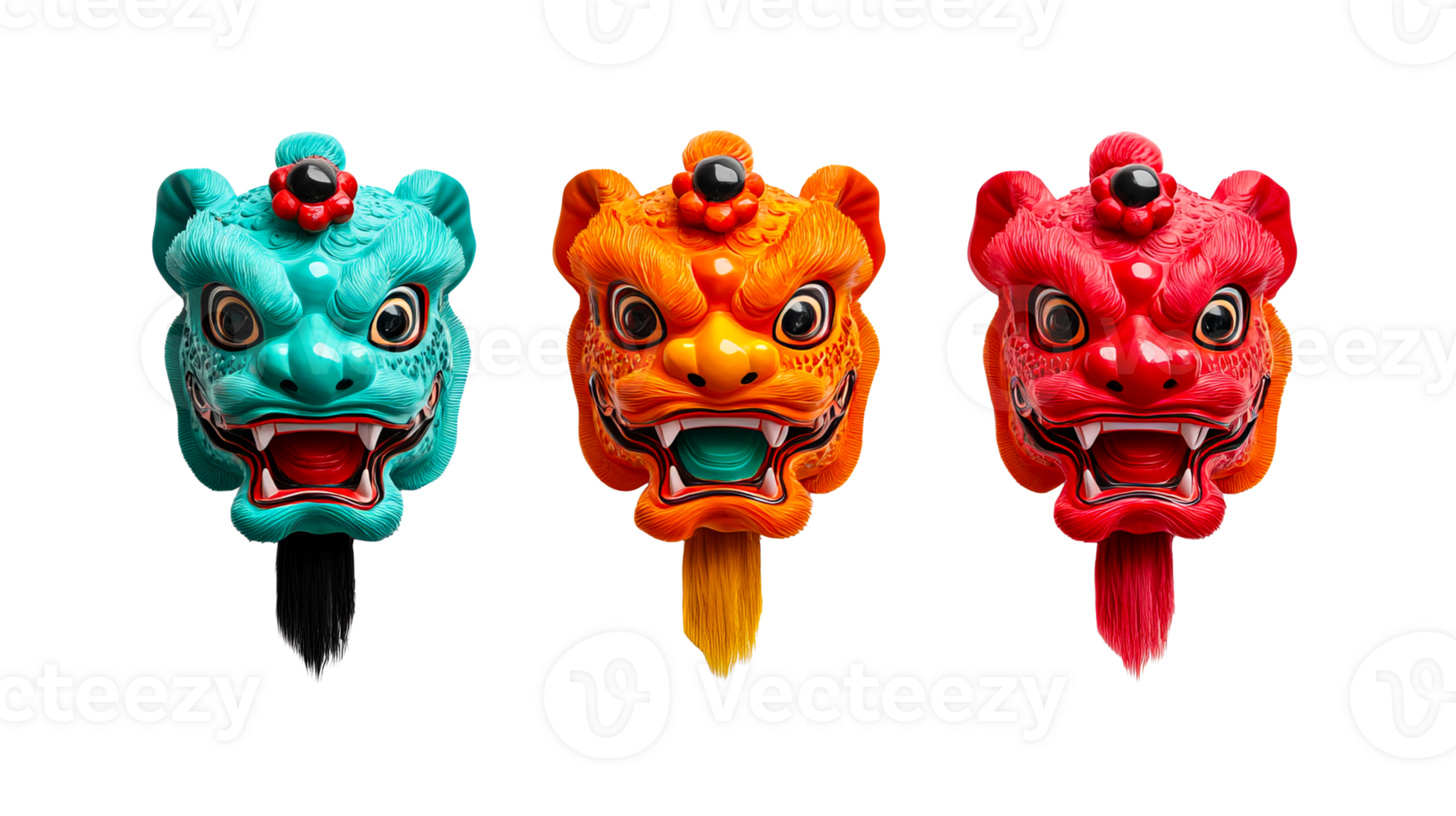 Colorful Chinese lion masks, traditional dance heads ,cut out transparent png