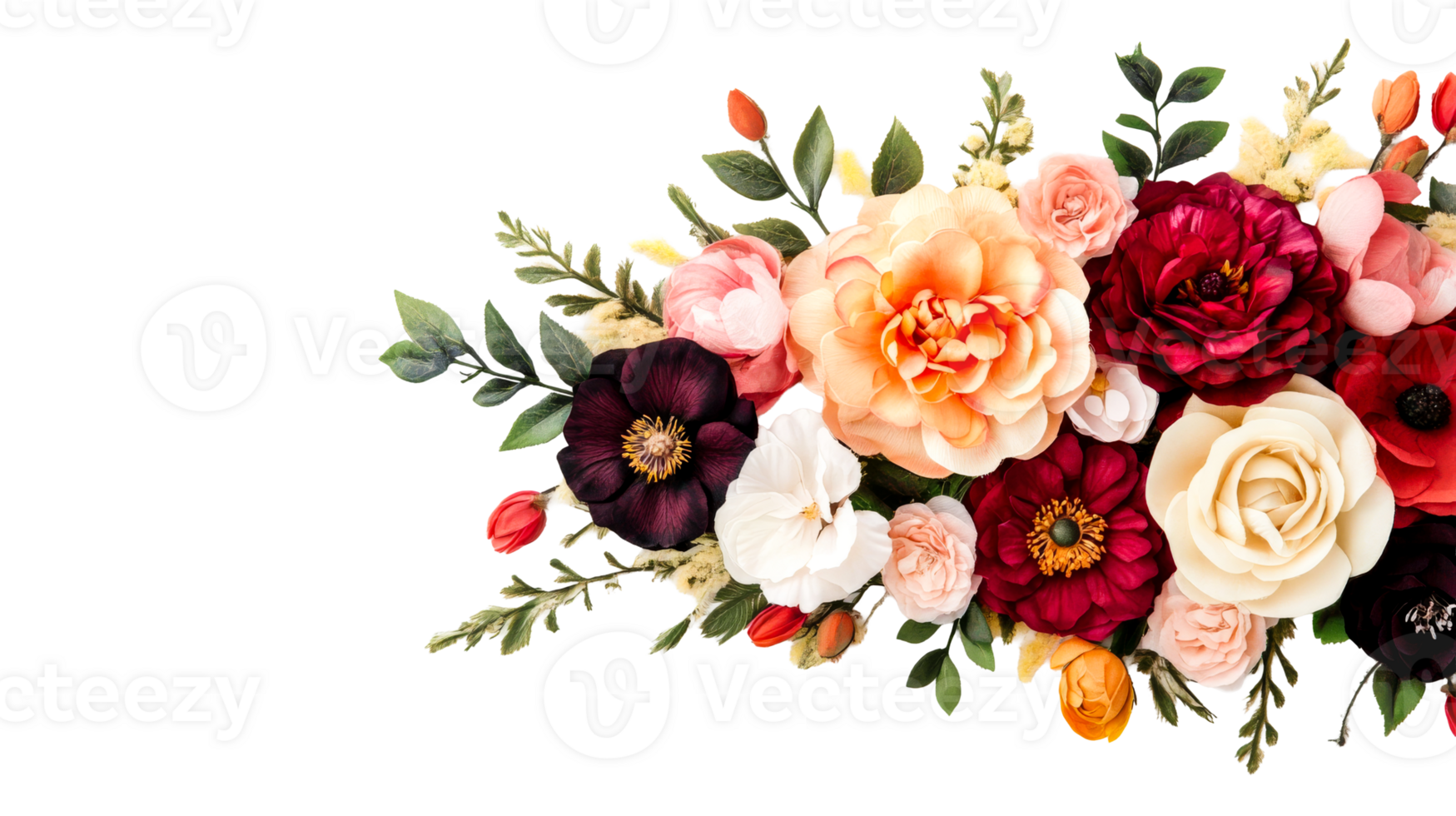 Floral arrangement with roses and anemones on black background, cut out transparent png