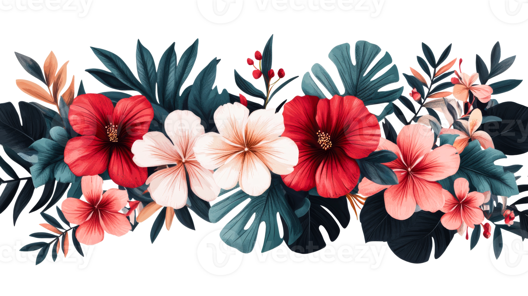 Hibiscus floral arrangement, exotic blooms, tropical foliage, vibrant colors, cut out transparent png