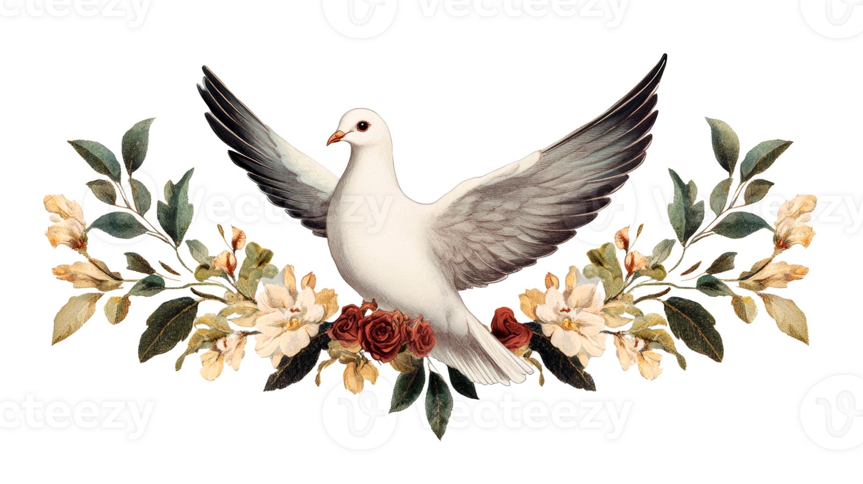 Dove with outstretched wings surrounded by roses, cut out transparent png