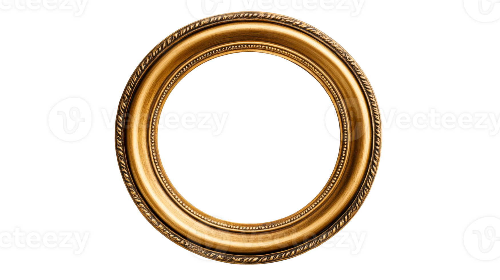 Ornate gold picture frame with oval shape, cut out transparent png