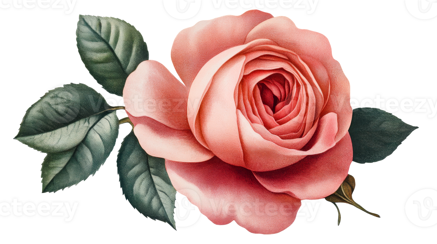 Beautiful pink rose with green leaves floral design, cut out transparent png