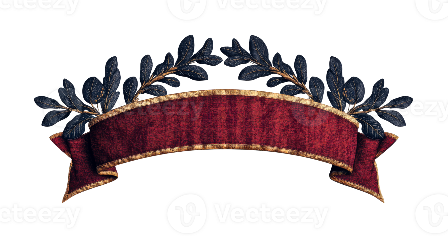 Ornate burgundy ribbon, leaves banner, gold trim, invitation, antique, cut out transparent png