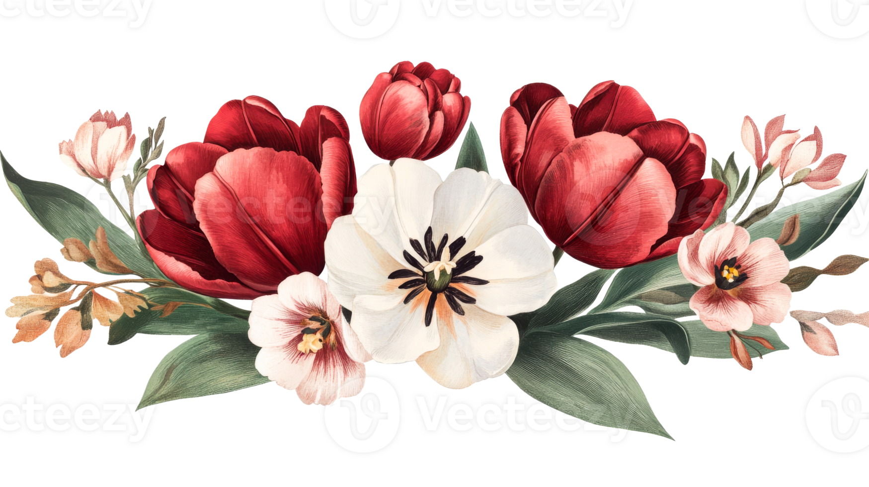 Tulip flower arrangement with red and white blossoms, cut out transparent png