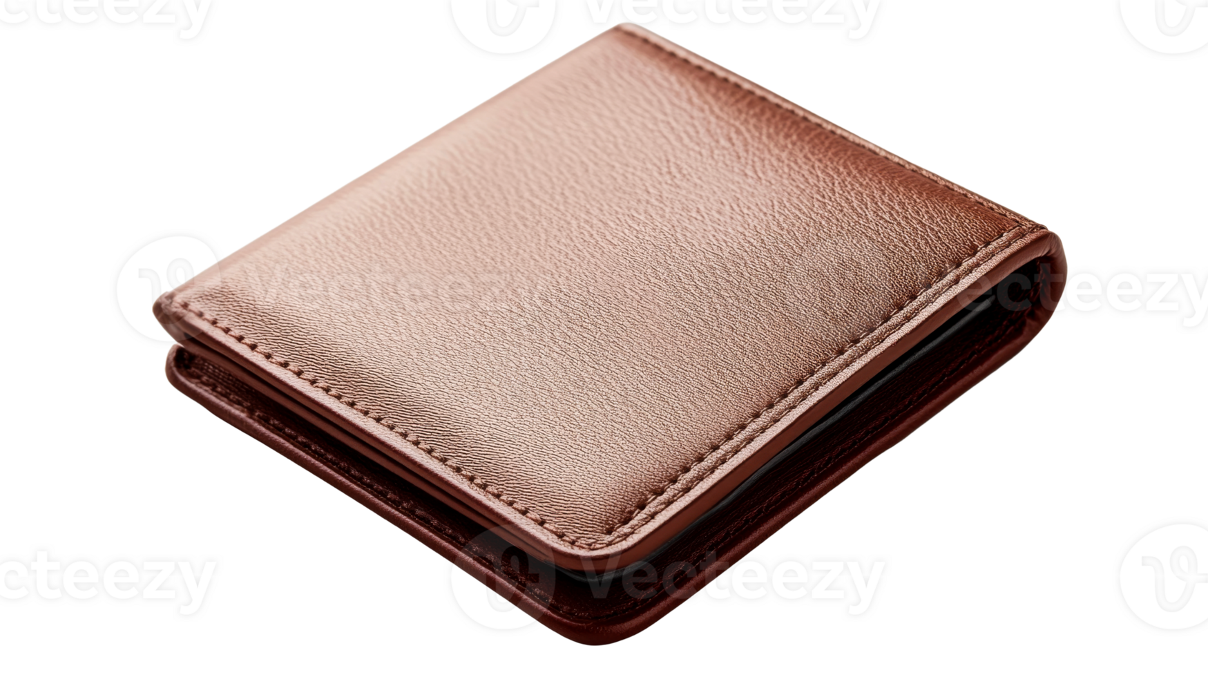 Leather brown wallet close-up on black background, cut out transparent png