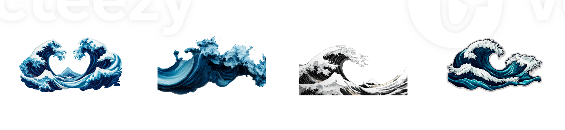 Set of artful wave illustrations on black background, cut out transparent png