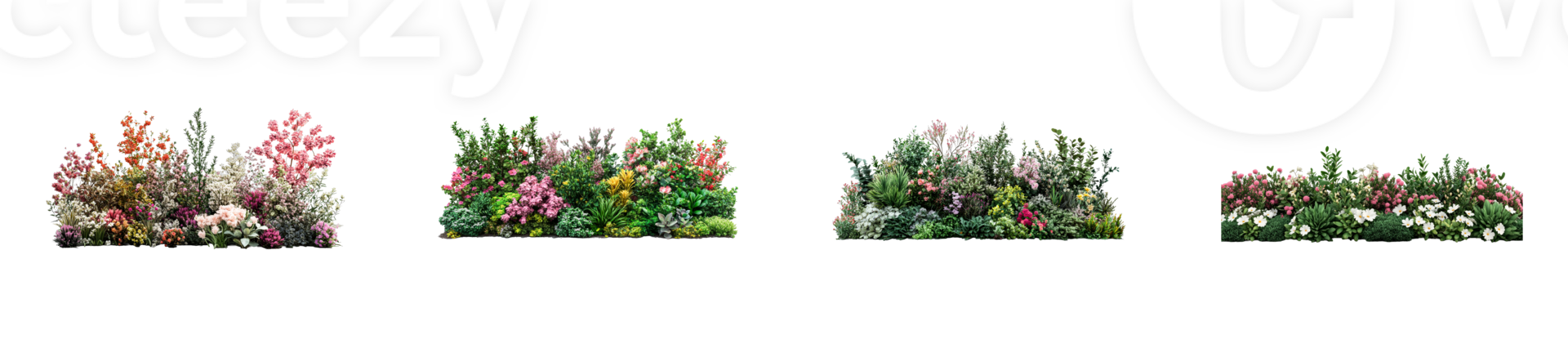 Flowerbed of diverse plants on a black background, cut out transparent png