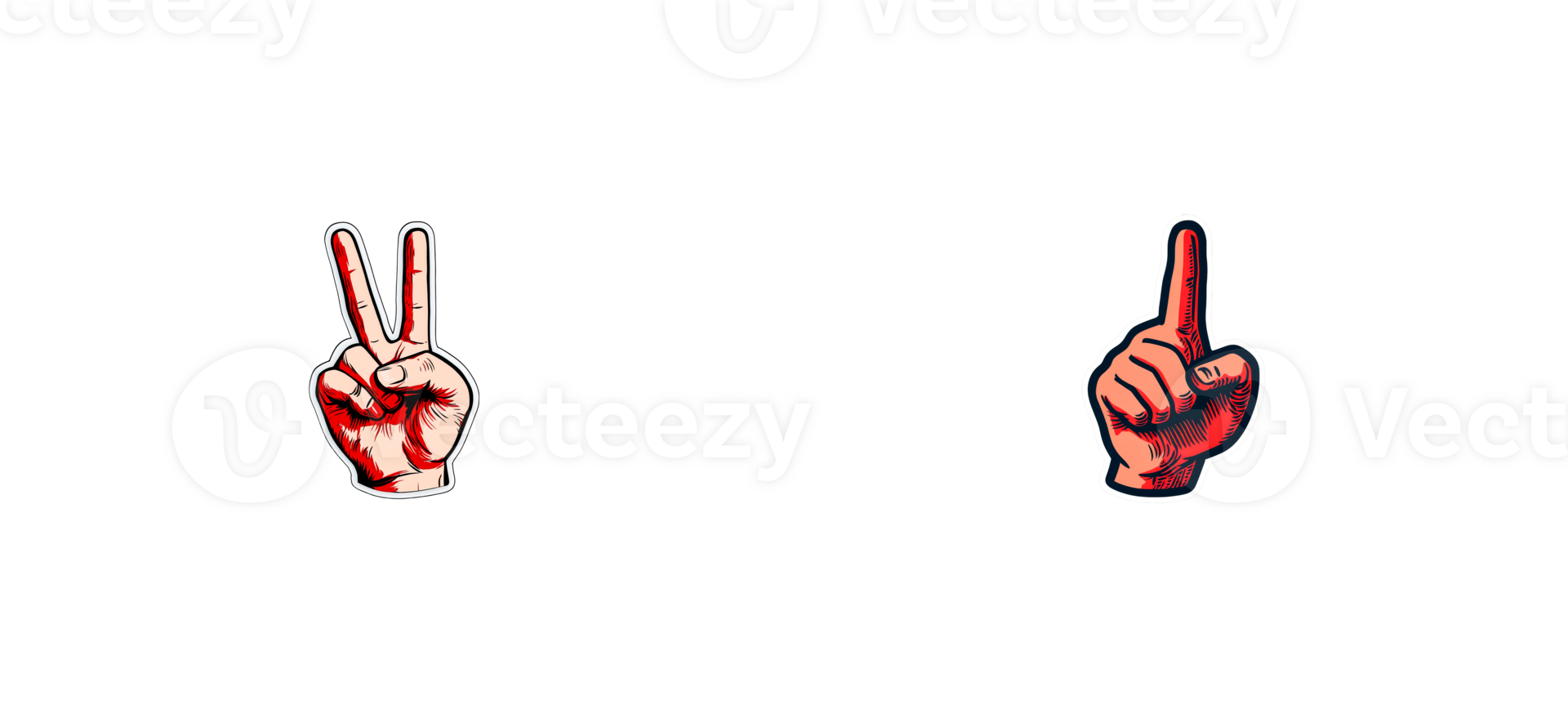 Two symbolic hands, one peace sign and one pointing , cut out transparent png