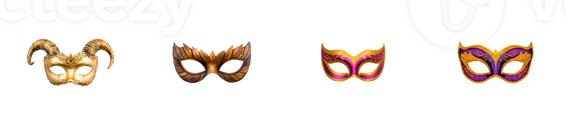 Various masquerade masks against black background, cut out transparent png