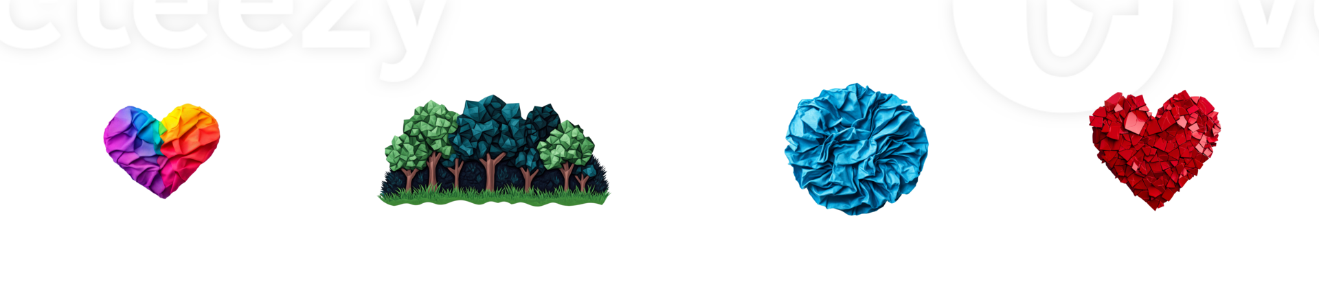 Rainbow heart, trees, crumpled paper, shattered heart, cut out transparent png