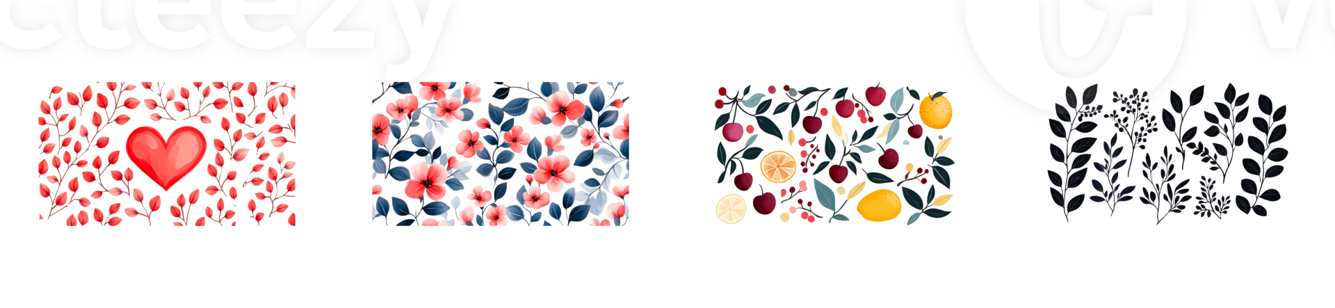 Heart, Leaves, Flowers, Fruits, Berry Branches on Black Background, cut out transparent png