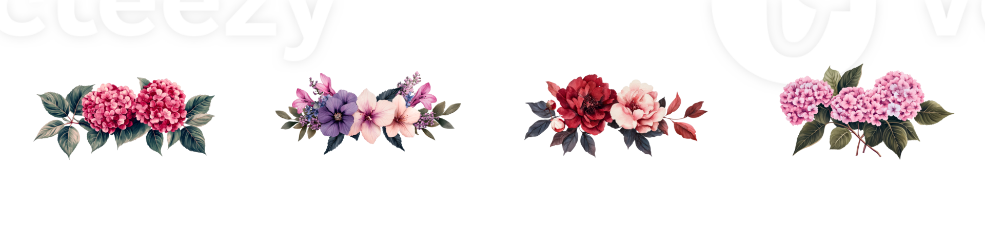 Floral botanical blossom with hydrangea and peonies, cut out transparent png