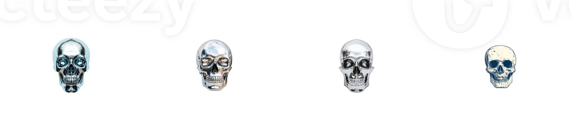 Collection of chrome skulls with different styles , cut out transparent png