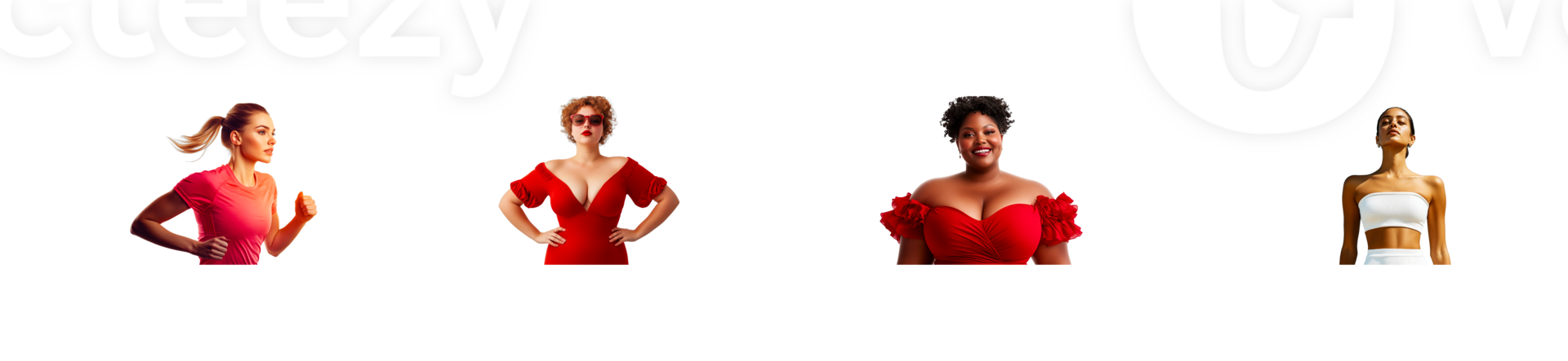 Four confident women in red and white outfits, cut out transparent png