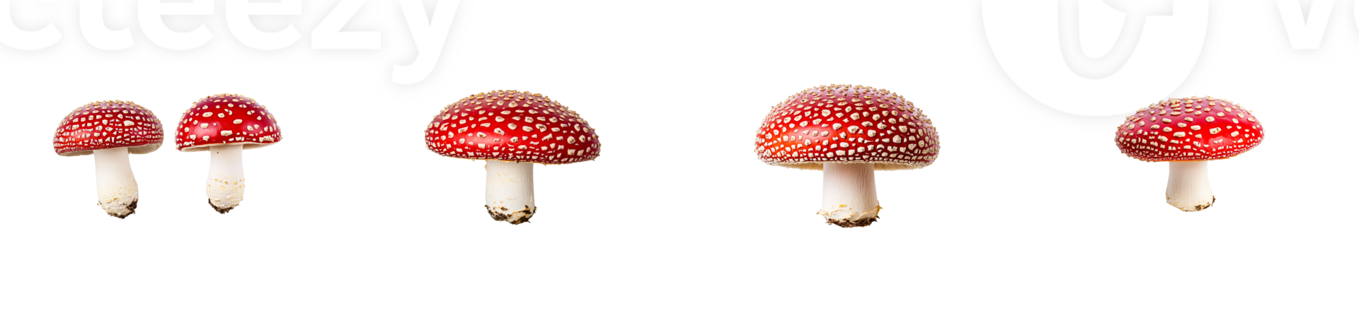 Fly agaric mushrooms, red with white spots, various sizes, cut out transparent png