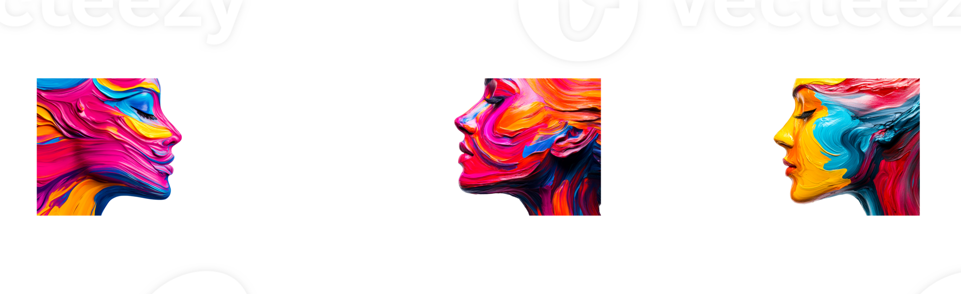 Colorful face profiles painted with thick strokes, cut out transparent png