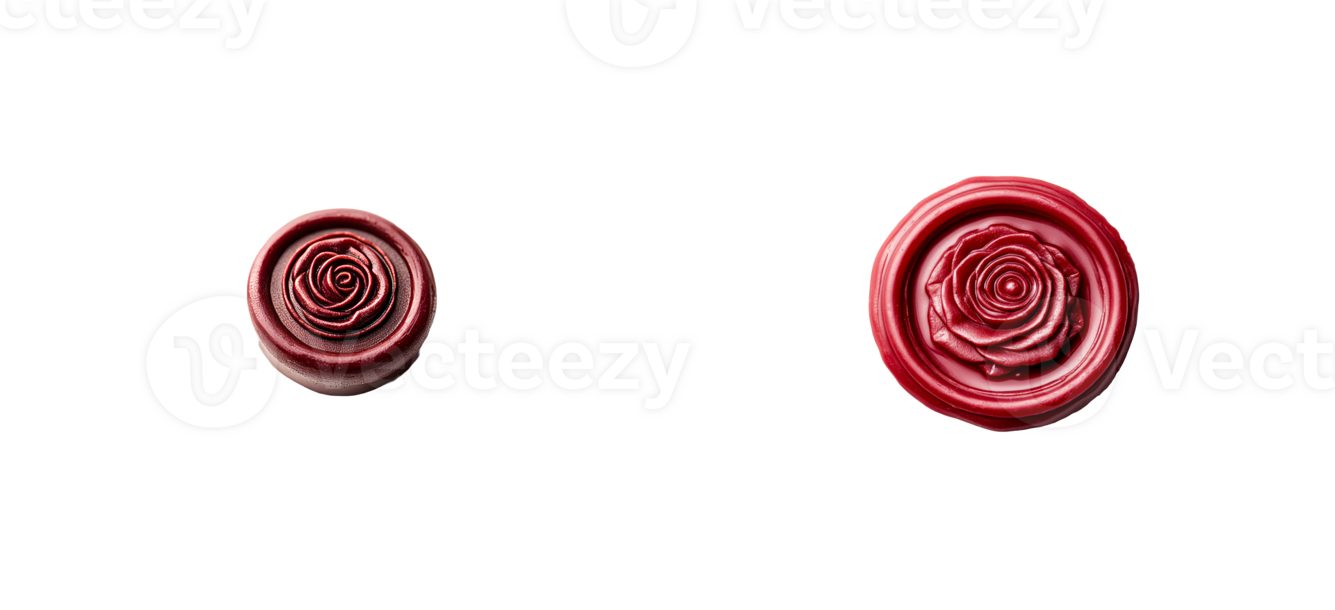 Rose sealing wax stamps isolated on black backdrop, cut out transparent png
