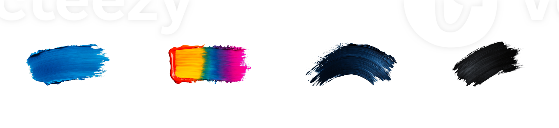 Vivid brushstrokes of blue, rainbow, dark, and gray color paints, cut out transparent png