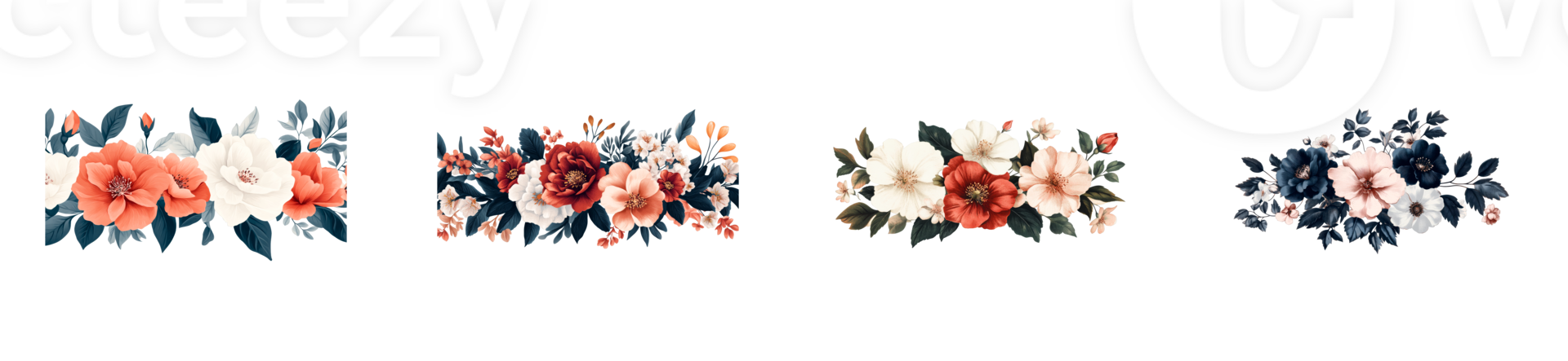 Elegant floral arrangements with roses and blossoms, cut out transparent png