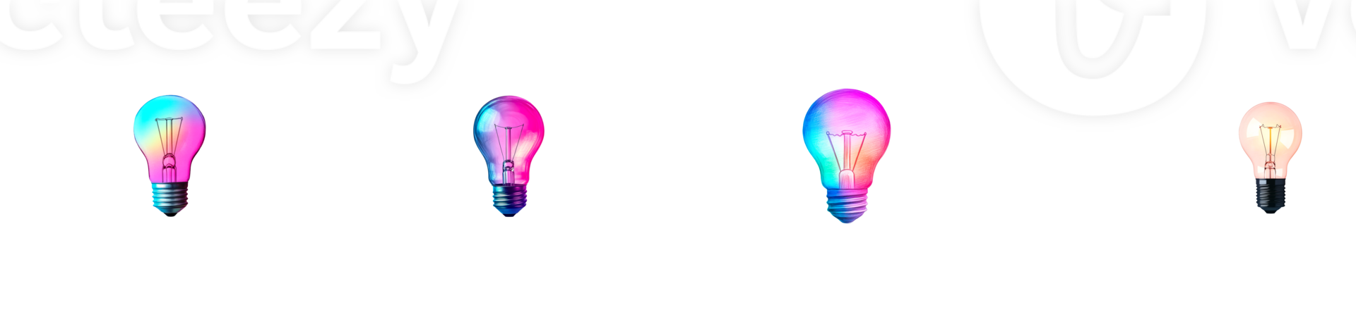 Lightbulbs illuminated with vibrant hues on a black background, cut out transparent png